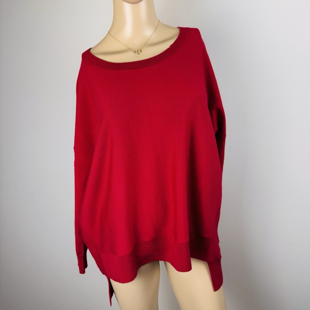 Eileen Fisher 100% Merino Wool‎ Pullover Sweater High Low Hem Red Sz PM